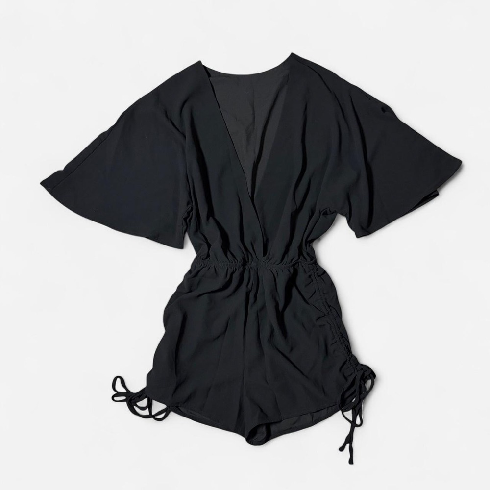 Black Minimalist Boho Romper Deep V-Neck Flutter Sleeve Side Ties Medium